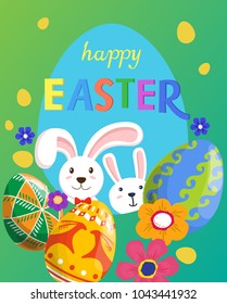 Happy Easter greeting card with eggs and rabbits. Vector background.