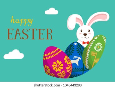 Happy Easter greeting card with eggs and rabbit. Vector background.