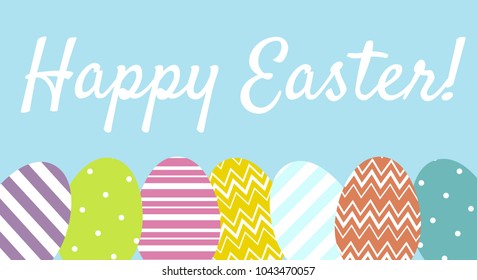 Happy Easter greeting card with easter eggs on blue background