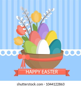 Happy Easter greeting card with eggs and flowers.
