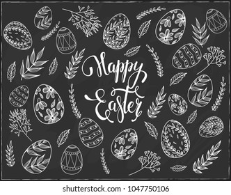 Happy Easter greeting card. Easter eggs composition hand drawn black on chalkboard.