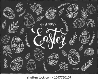 Happy Easter greeting card. Easter eggs composition hand drawn black on chalkboard.