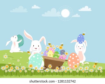 Happy Easter greeting card with eggs on cart and rabbits playing while honey bees collecting pollen on flowers, Cute Vector cartoon three bunny holding Easter eggs on cart in spring field on sunny day