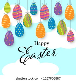 Happy easter greeting card with eggs and sky background. Vector illustration.