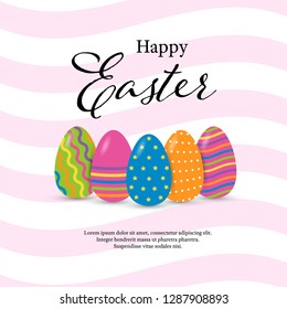 Happy easter greeting card with eggs with modern typography on striped background. Vector illustration.