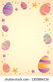 Happy Easter greeting card. Easter eggs  frame on yellow background. Pastel colors. Vector holiday backdrop. Vertical composition