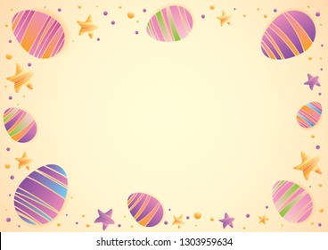 Happy Easter greeting card. Easter eggs  frame on yellow background. Pastel colors. Vector holiday backdrop. Horizontal composition