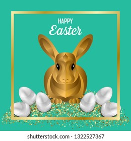 Happy Easter Greeting Card with Eggs and Rabbit