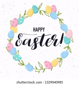 Happy Easter greeting card. Easter eggs composition with wooden branch.