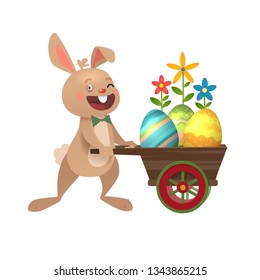 Happy Easter greeting card with eggs and Bunny. Grey cute Easter Bunny with colorful eggs. Vector illustration.