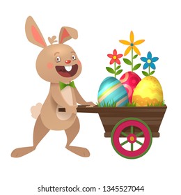 Happy Easter greeting card with eggs and Bunny. Grey cute Easter Bunny with colorful eggs. Vector illustration.