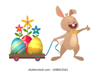 Happy Easter greeting card with eggs and Bunny. Grey cute Easter Bunny with colorful eggs. Vector illustration.