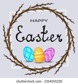 Happy Easter greeting card. Easter eggs composition with wooden branch. Greeting card trendy design. Invitation template vector illustration for you poster or flyer.