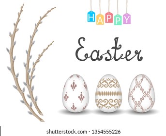 Happy Easter greeting card. Easter eggs composition with wooden branch. Greeting card trendy design. Invitation template vector illustration for you poster or flyer.