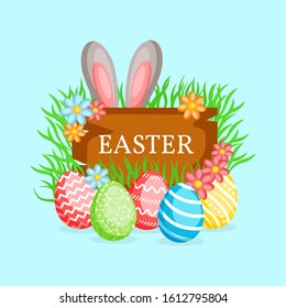 Happy Easter greeting card with сolorful eggs, rabbit ears and flowers. Vector illustration for Easter day
