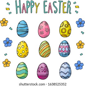 Happy easter greeting card with eggs and flowers.