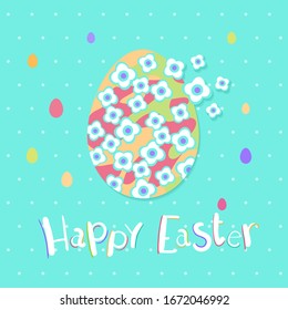 Happy Easter greeting card with сolorful eggs and flowers. Vector illustration for Easter day