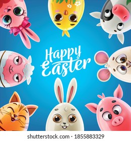 happy easter greeting card with eggs and animals cartoon