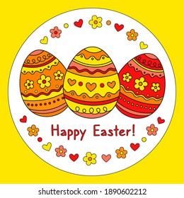 Feliz tarjeta de saludo de Pascua con huevos de Pascua en círculo. Muestra huevos con un patrón geométrico. Coloca tu texto. Colores vivos y brillantes - amarillo, naranja, rojo. Diseño de vacaciones. Ilustración vectorial.
