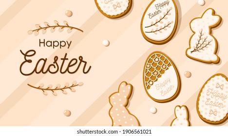 Tarjeta de felicitación de Pascua con huevos y galletas de jengibre con forma de conejo en el cristal. Dulces dulces caseros en un fondo pastel. Ilustración del vector