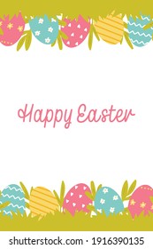 Happy Easter greeting card. Easter eggs on the grass. Vector illustration in flat style