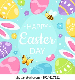 Happy Easter greeting card. Easter eggs, bunny ears, flowers, butterfly. Vector illustration