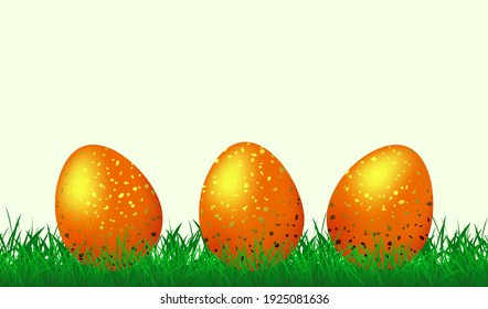 Happy Easter Greeting Card with Easter Eggs. Golden easter eggs on the fresh green grass