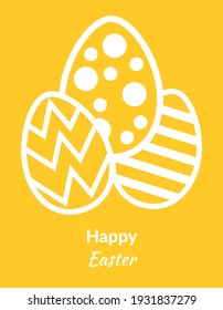 Happy Easter greeting card with eggs on yellow background. Vector illustration. Spring minimalistic background. Can be used for ad, promotion, poster, flyer, web-banner, article.