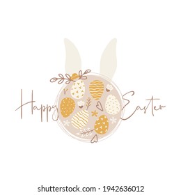 Happy Easter greeting card with Easter eggs and cute bunny ears. Vector illustration.