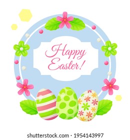 Happy Easter greeting card with eggs, lives and flowers. Can be used for promotion, invitation, special offer typography template concept. Stock vector illustration in cartoon realistic style