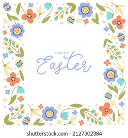 Happy Easter greeting card with eggs and colorful flowers. Frame with spring flowers. Template with place for your text