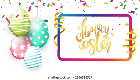 Happy Easter greeting card. Eggs composition on  background.Decorative eggs. Easter greeting card.