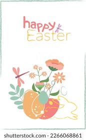 happy Easter greeting card, Easter eggs, rabbit, bunny ears watercolor style pastel shades pink, blue, yellow, red, white. 