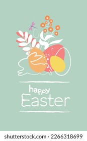happy Easter greeting card, Easter eggs, rabbit, bunny ears watercolor style pastel shades pink, blue, yellow, red, white.