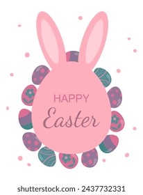 Happy Easter greeting card. Easter eggs and bunny ears on white background.