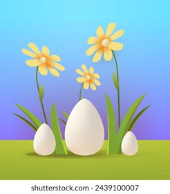 Happy Easter greeting card with eggs and flowers in pastel colors spring holiday celebration card vertical