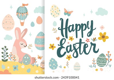 Happy Easter greeting card with eggs in air balloons shape spring holiday celebration card horizontal