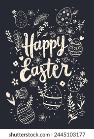 Happy Easter greeting card with eggs and flowers spring holiday celebration banner vertical