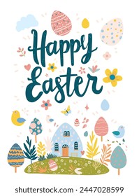 Happy Easter greeting card with eggs in pastel colors spring holiday celebration card vertical