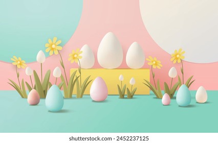 Happy Easter greeting card with eggs and flowers in pastel colors spring holiday celebration card horizontal