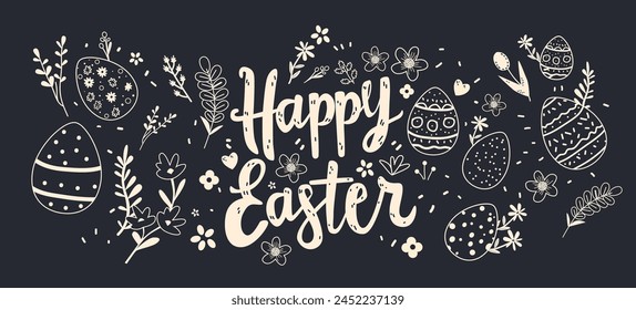 Happy Easter greeting card with eggs and flowers spring holiday celebration banner horizontal