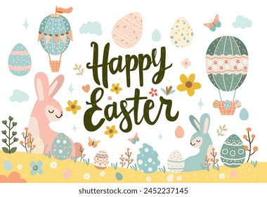 Happy Easter greeting card with eggs in air balloons shape spring holiday celebration card horizontal