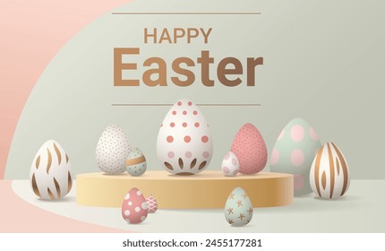 Happy Easter greeting card with eggs in pastel colors spring holiday celebration card horizontal