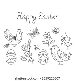 Happy Easter greeting card with a  easter eggs, cute birds,  flowers and butterfly. Vector illustration and lettering in doodle hand drawn style, black outline. Great for coloring.