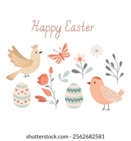 Happy Easter greeting card with easter eggs, cute birds, flowers and butterfly. Vector illustration and lettering in hand drawn flat style, pastel colors.