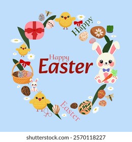  Happy Easter greeting card with eggs, flowers and leaves. Colorful holiday flat vector illustration