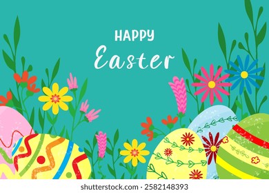 Happy Easter greeting card with Easter eggs and colorful floral decorative elements Flat style Modern Easter cover Vector illustration Blue background Spring april mood