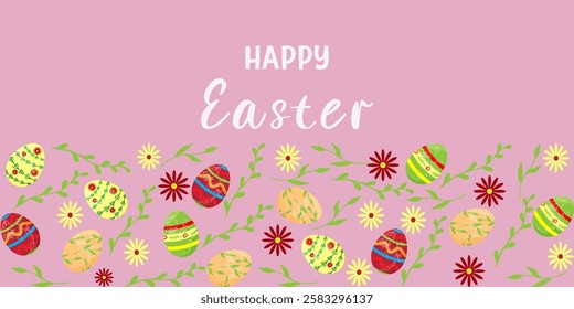 Happy Easter greeting card with Easter eggs and colorful floral decorative elements leaves Flat style Modern Easter cover Vector illustration Pink background Spring april mood