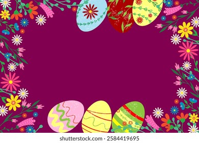 Happy Easter greeting card with Easter eggs colorful wildflowers Floral decorative elements Flat style Modern Easter cover Vector illustration Purple violet background Spring april mood Copy space