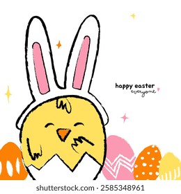Happy Easter greeting card, eggs, chick and rabbit ears hat